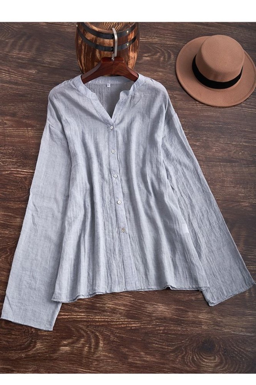 Clothing Azzlee Sweatshirt & Hoodies | V-Neck Solid Buttons Casual Long Sleeve Blouse