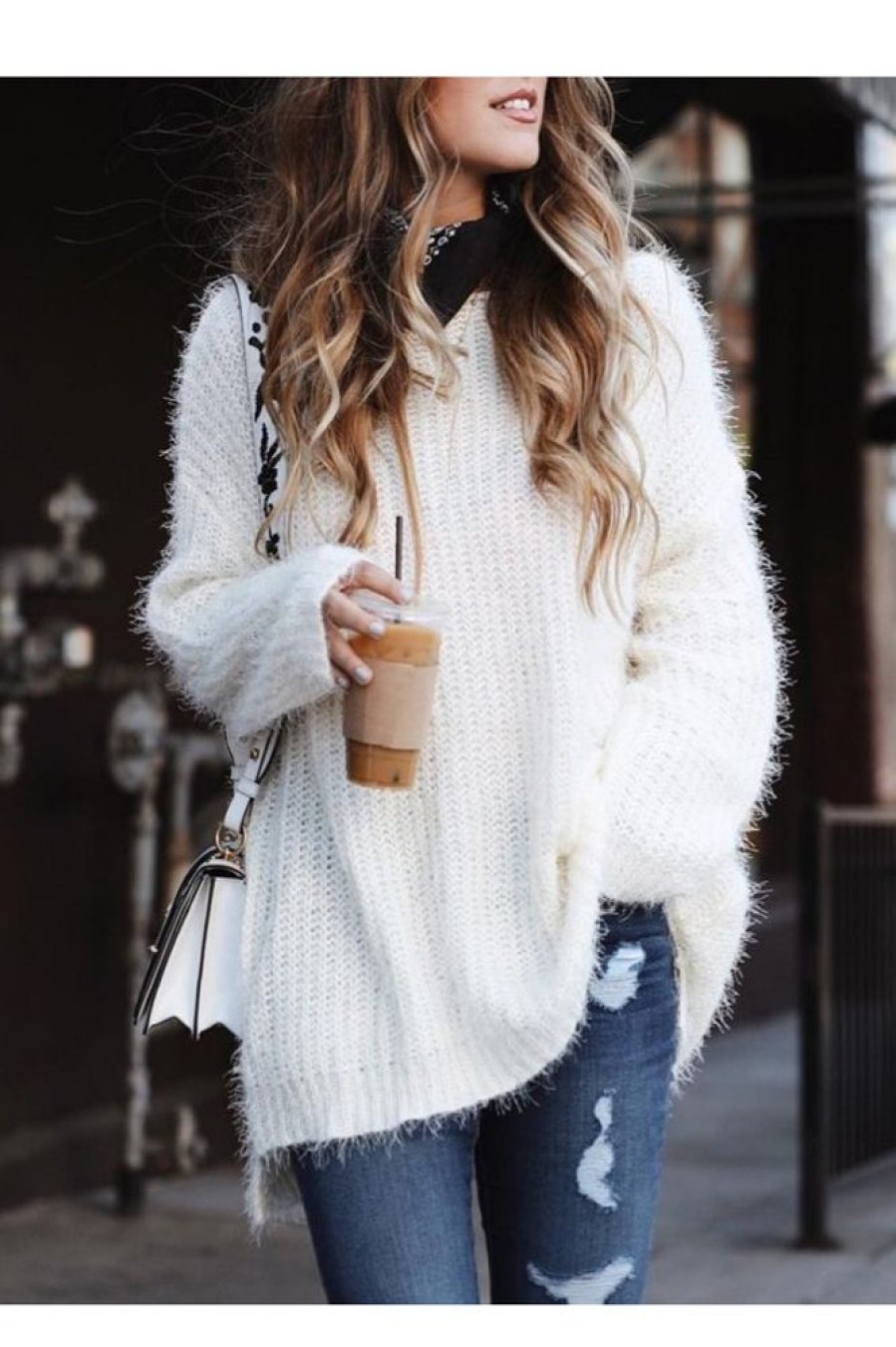 Clothing Azzlee Sweater & Cardigans | Casual Solid Color Round Neck Side Slit Long Sleeve Sweater White