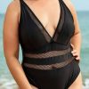 Clothing Azzlee Plus Size | Chic Plunging V-Neck Mesh Inset Plus Size One Piece Swimsuit Black