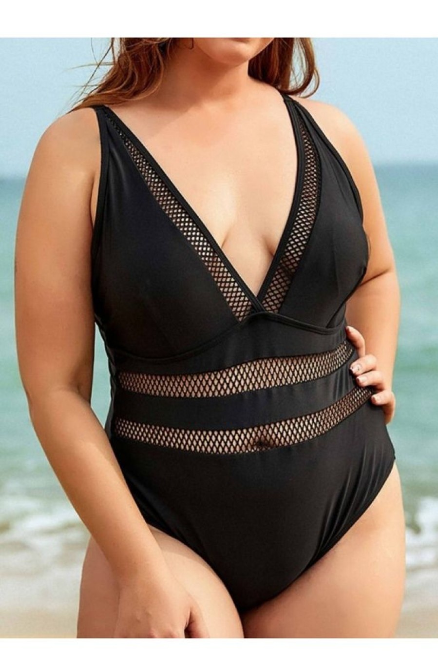 Clothing Azzlee Plus Size | Chic Plunging V-Neck Mesh Inset Plus Size One Piece Swimsuit Black