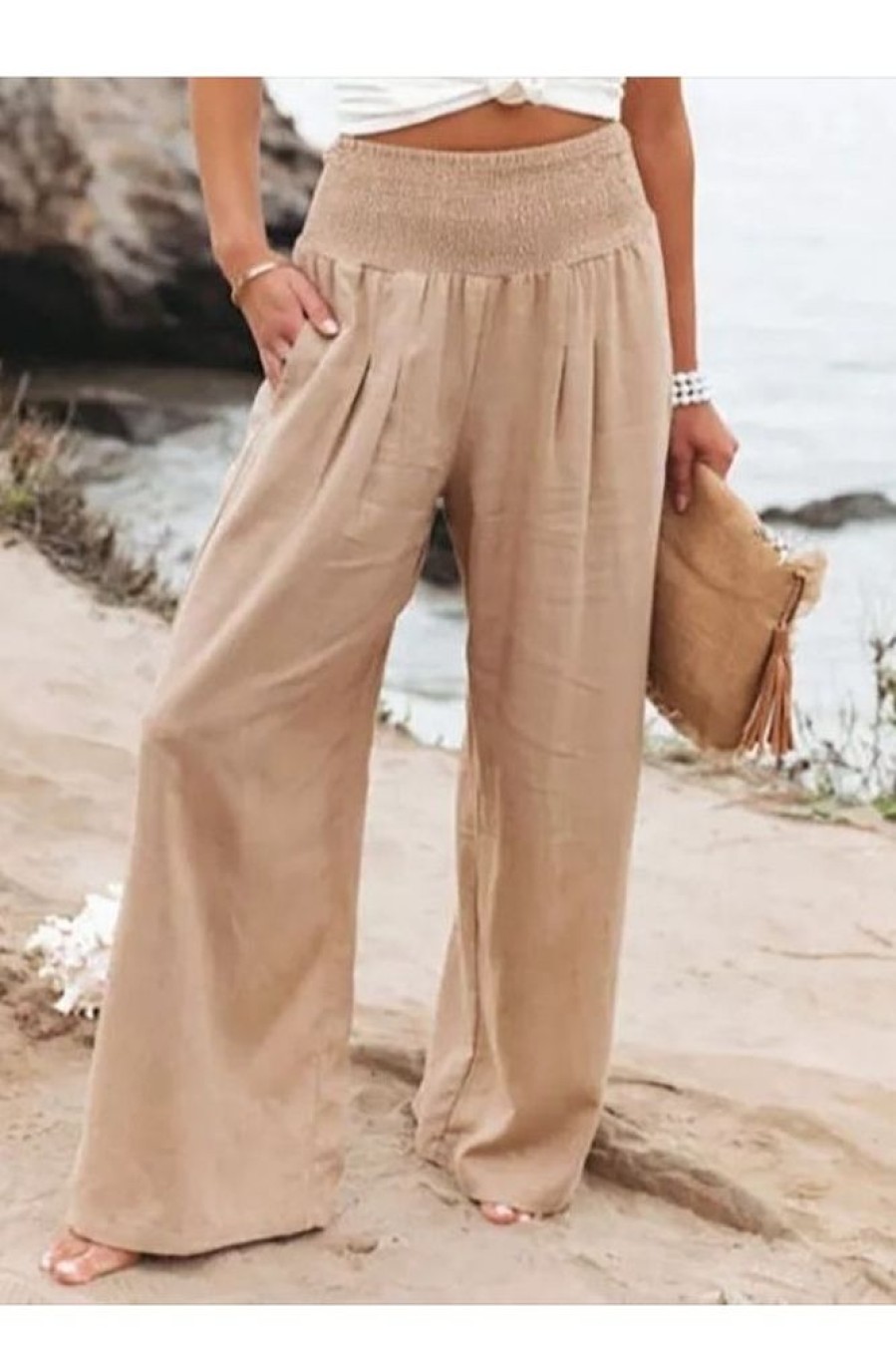 Clothing Azzlee Pants | Solid Casual Wide Leg Loose Pants Khaki