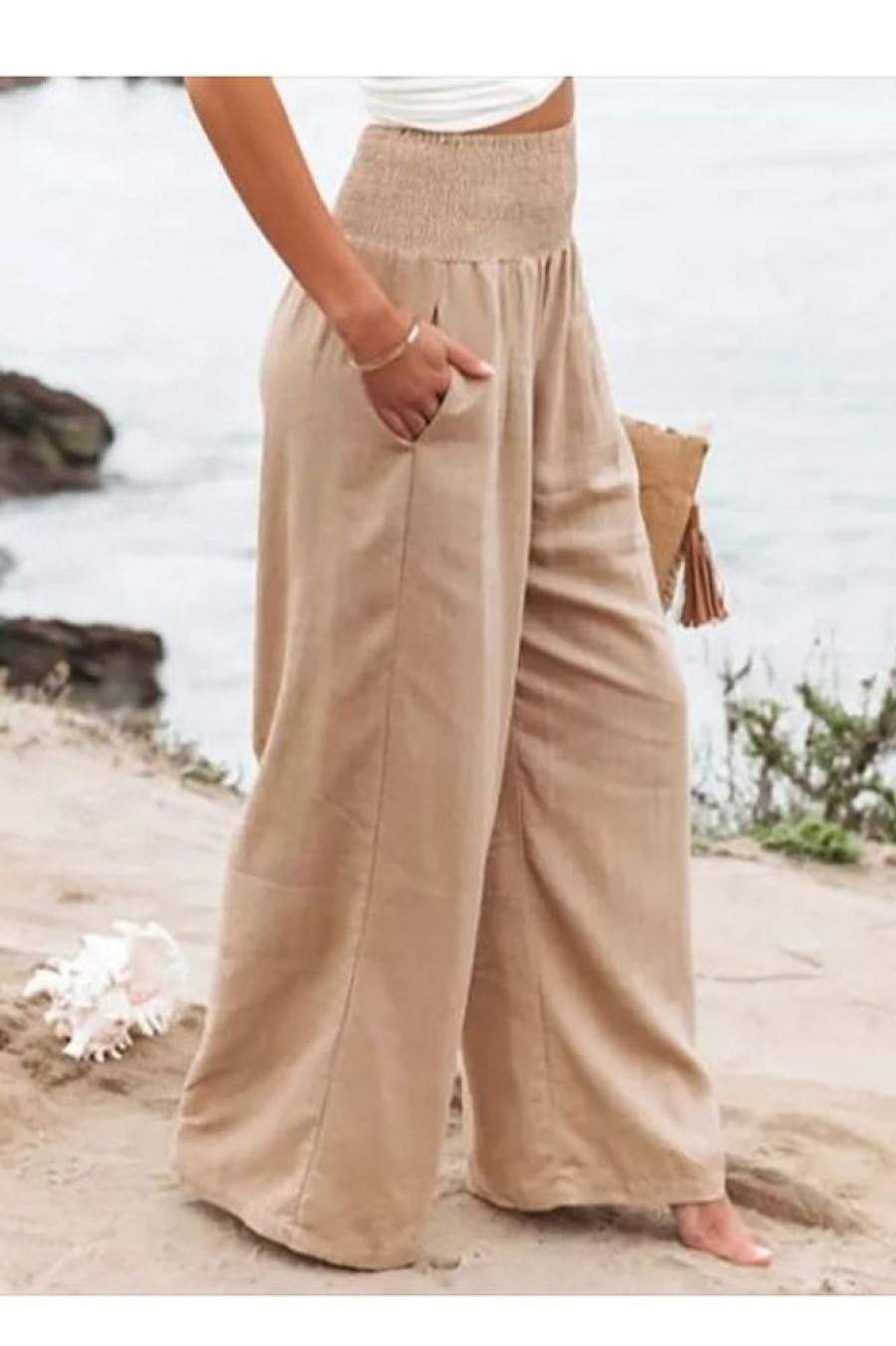 Clothing Azzlee Pants | Solid Casual Wide Leg Loose Pants Khaki