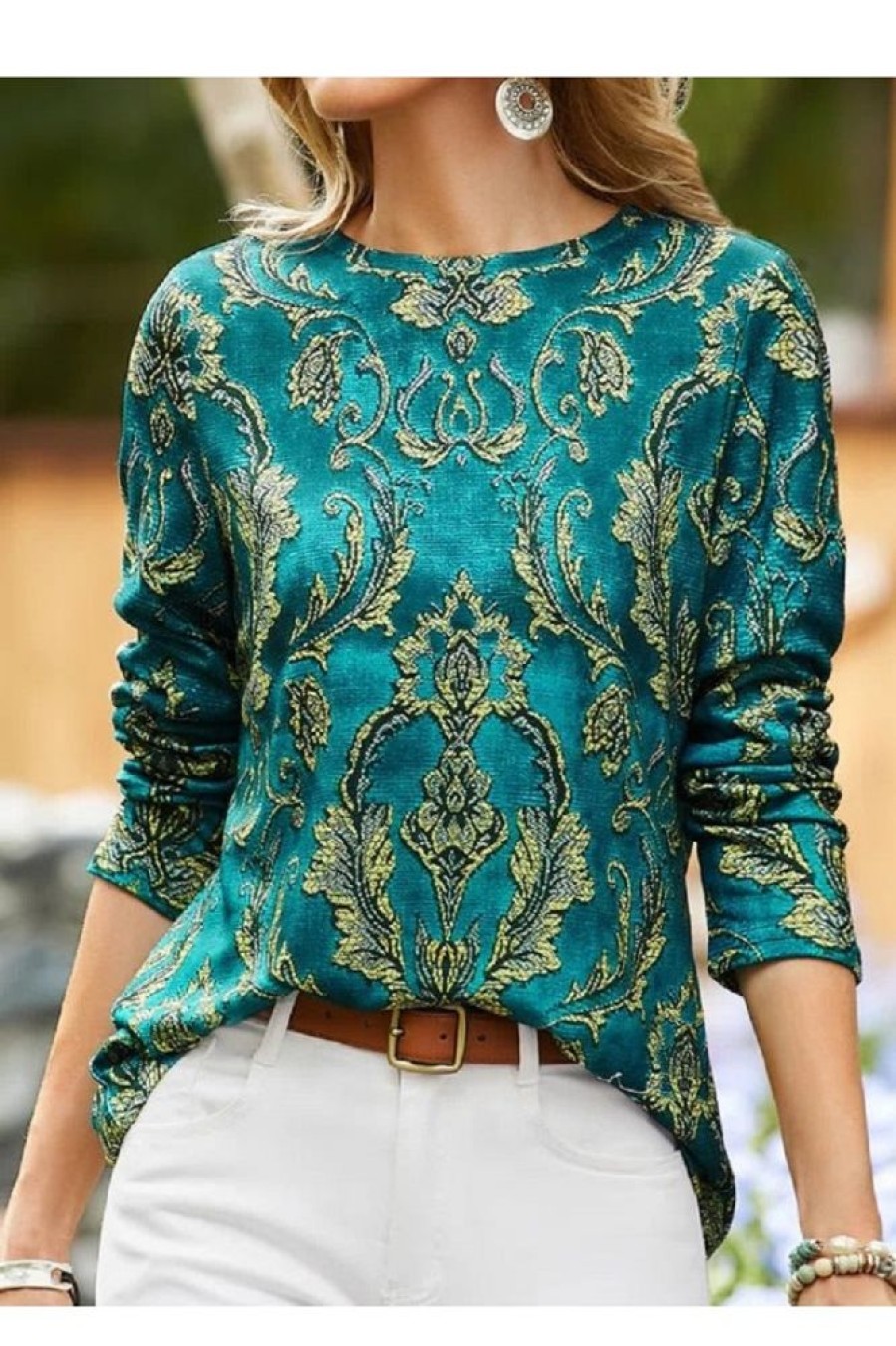 Clothing Azzlee Sweatshirt & Hoodies | Casual Round Neck Printed Long Sleeve Blouse Green