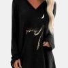 Clothing Azzlee Sweatshirt & Hoodies | Cat Print Long Sleeves Vneck Casual Sweatshirt Black