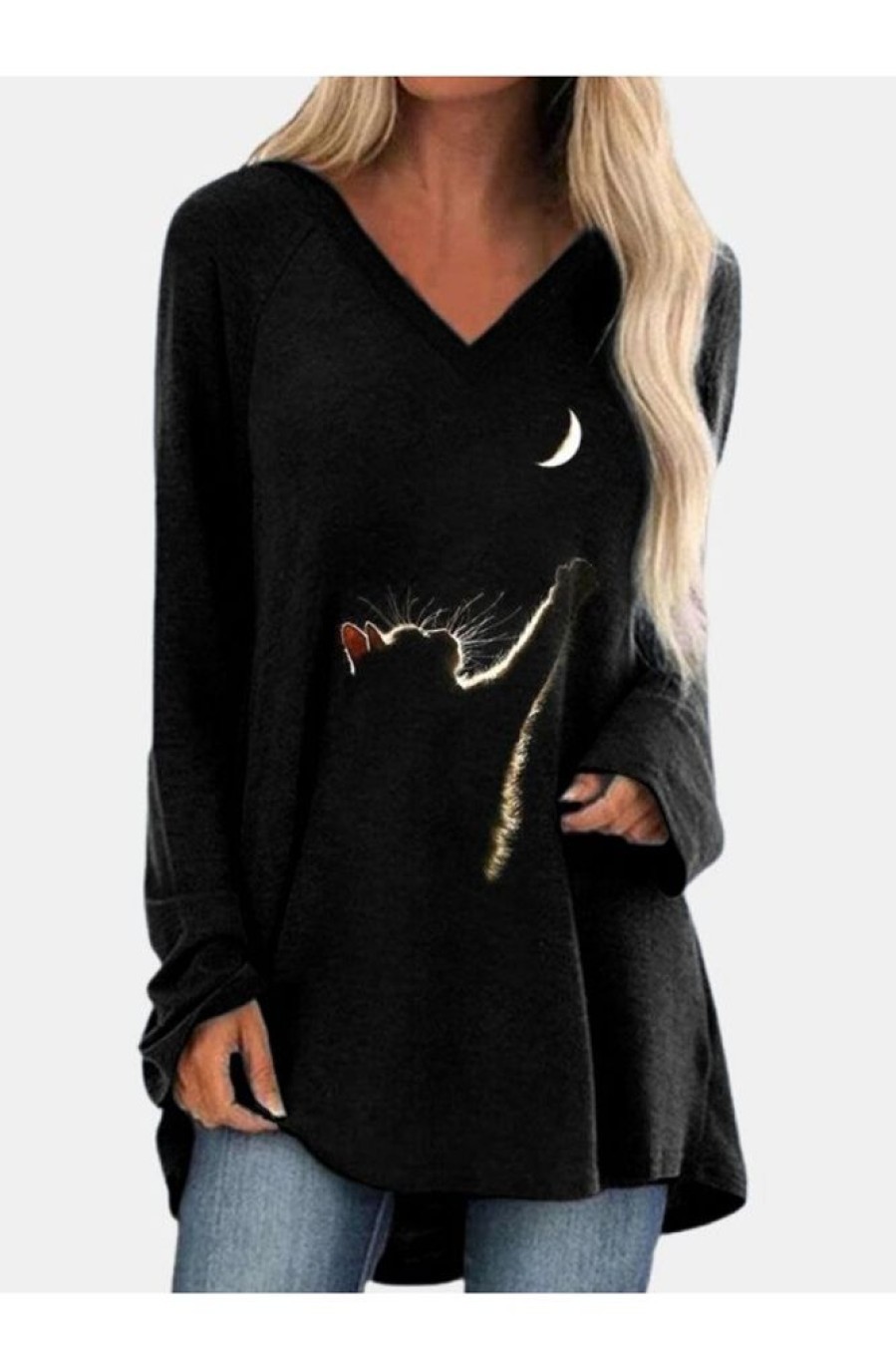 Clothing Azzlee Sweatshirt & Hoodies | Cat Print Long Sleeves Vneck Casual Sweatshirt Black