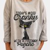 Clothing Azzlee Blouse & Shirts | Cat Print Round Neck Long Sleeve Blouse Gray