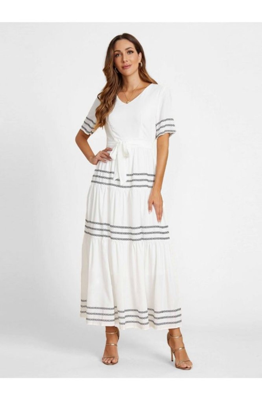 Clothing Azzlee Maxi Dresses | Half Sleeve V-Neck Modest Maxi Dress With Sashes White