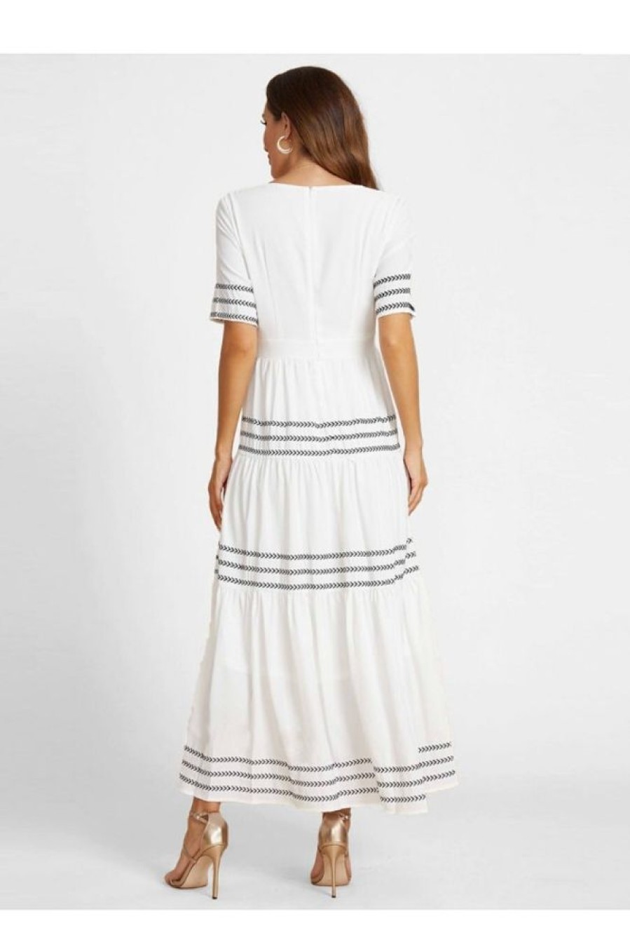 Clothing Azzlee Maxi Dresses | Half Sleeve V-Neck Modest Maxi Dress With Sashes White