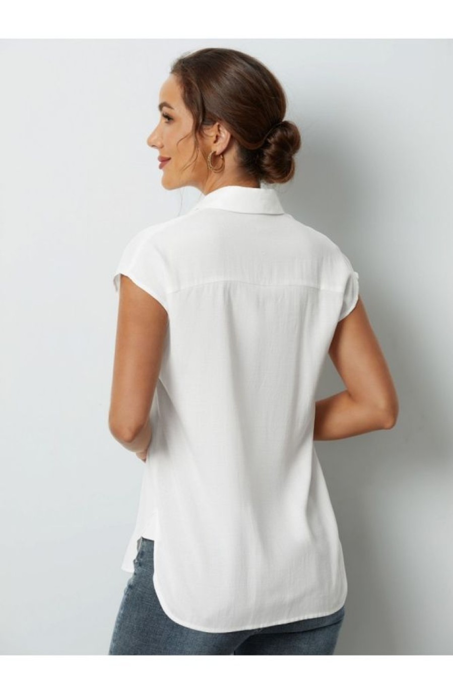 Clothing Azzlee Blouse & Shirts | Solid Buttons Collared Short Sleeve Blouse White