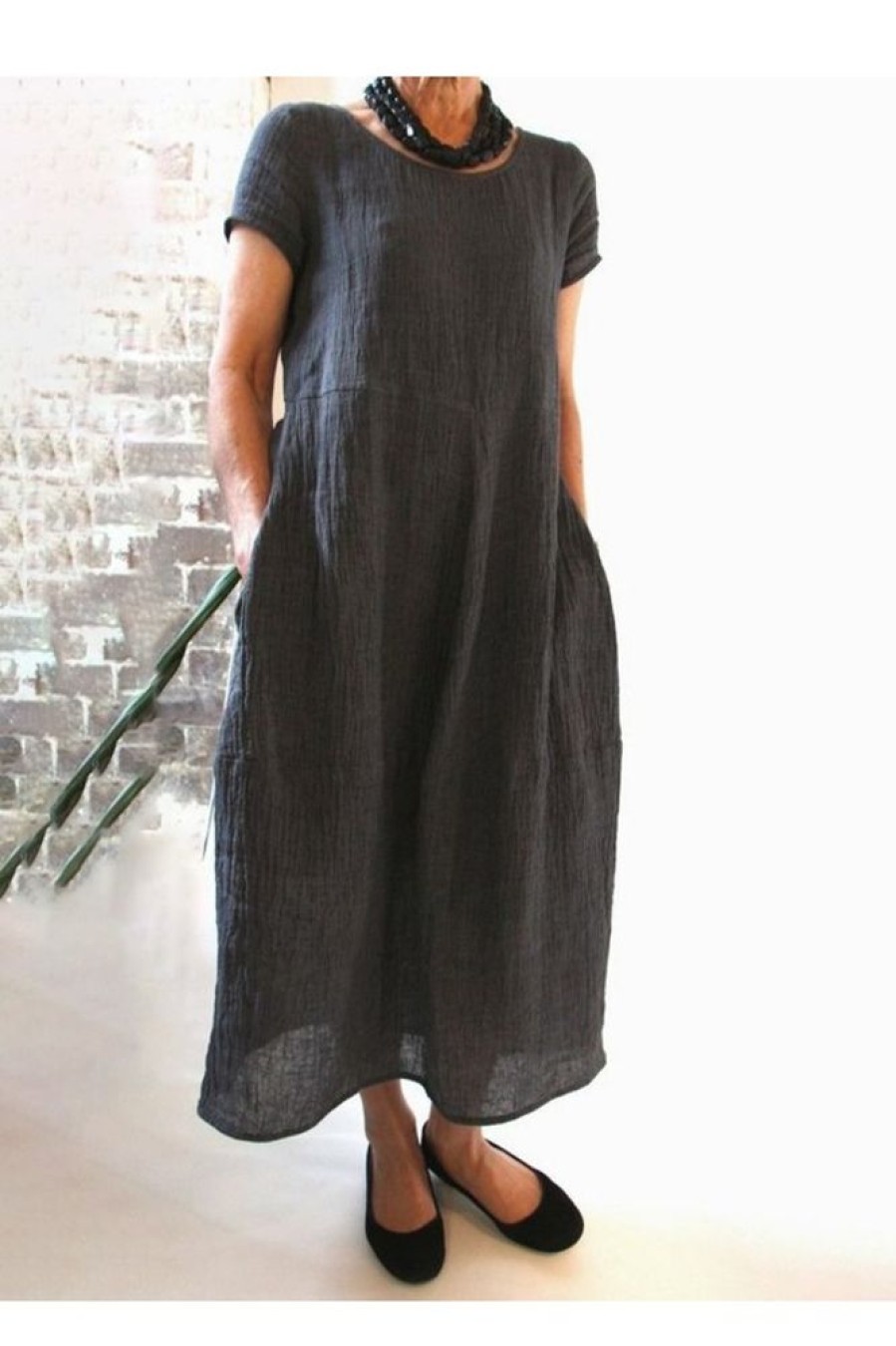 Clothing Azzlee Maxi Dresses | Solid Short Sleeve Round Neck Casual Maxi Dress With Pockets Gray