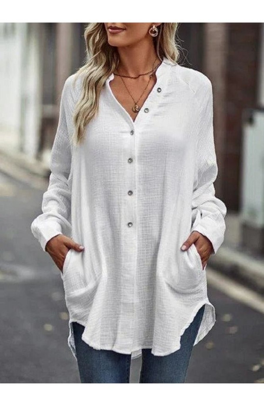 Clothing Azzlee Blouse & Shirts | Casual Solid Blouse With Pockets White