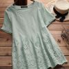 Clothing Azzlee Blouse & Shirts | Solid Hollow Out Round Neck Short Sleeve Blouse Green