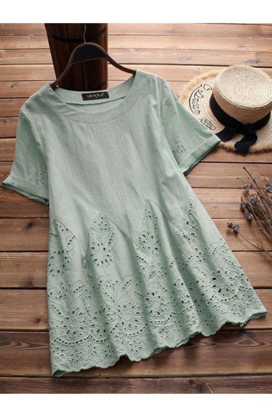 Clothing Azzlee Blouse & Shirts | Solid Hollow Out Round Neck Short Sleeve Blouse Green