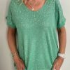 Clothing Azzlee Blouse & Shirts | Casual Round Neck Short Sleeve Solid Sequins Blouse Green