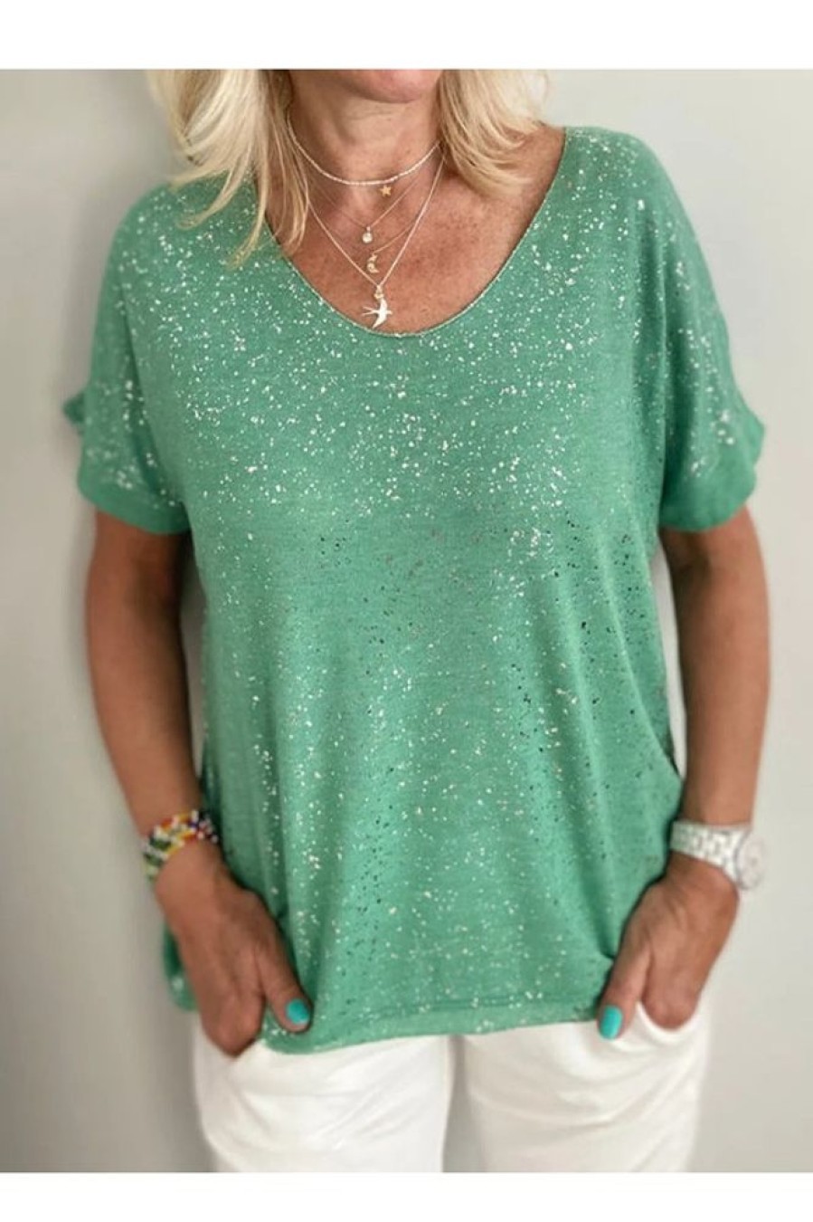 Clothing Azzlee Blouse & Shirts | Casual Round Neck Short Sleeve Solid Sequins Blouse Green