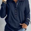 Clothing Azzlee Sweatshirt & Hoodies | Casual Shirt Collar Long Sleeve Plain Button Blouse Navy