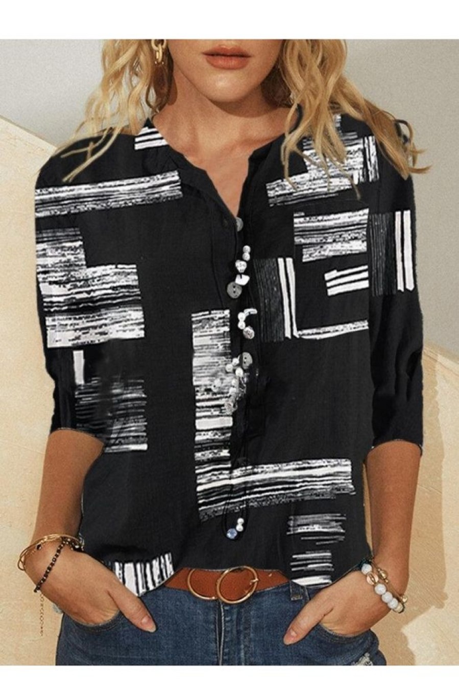 Clothing Azzlee Blouse & Shirts | Casual Collared Geometric Printed Shirts & Tops Black