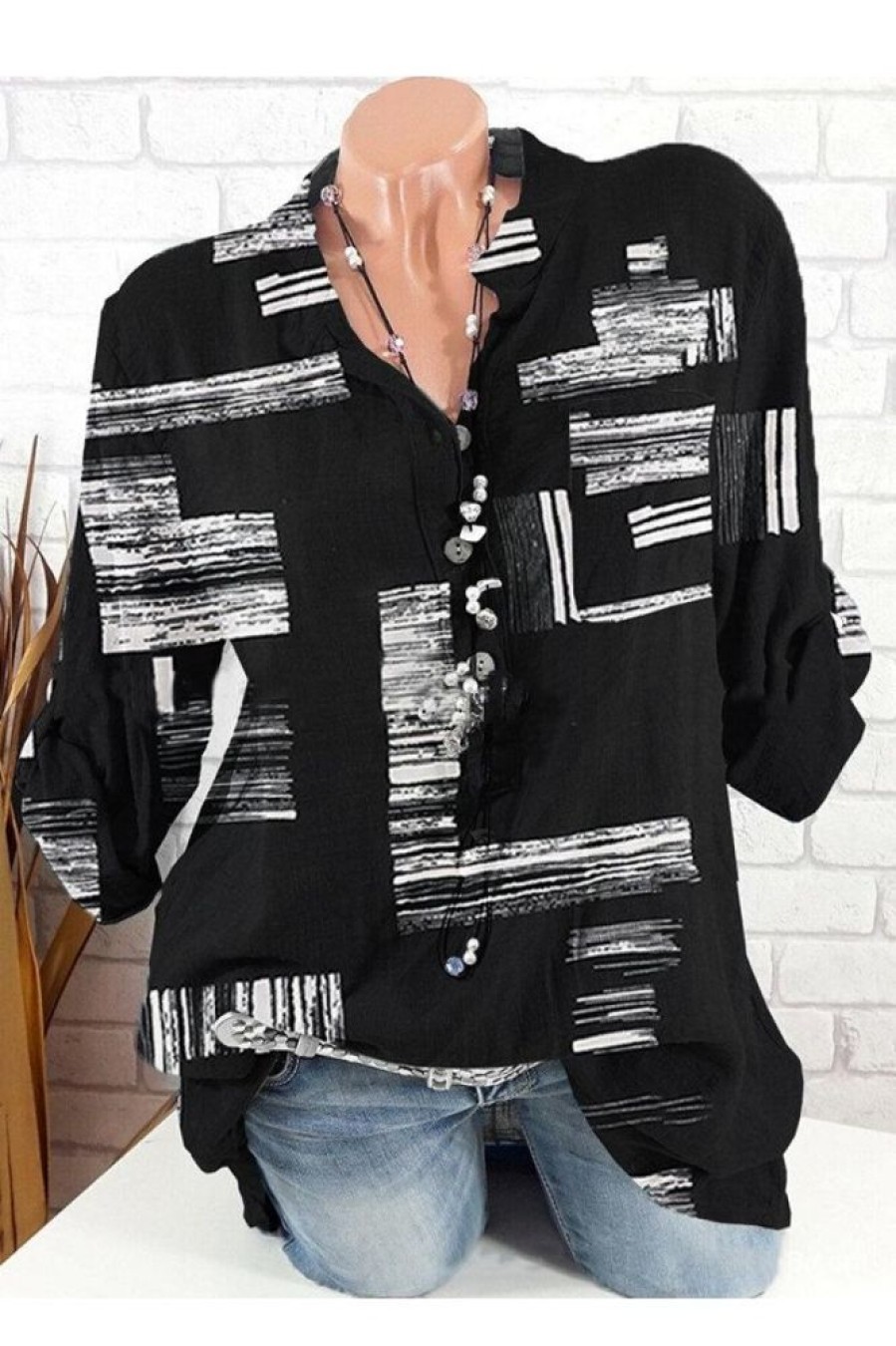 Clothing Azzlee Blouse & Shirts | Casual Collared Geometric Printed Shirts & Tops Black