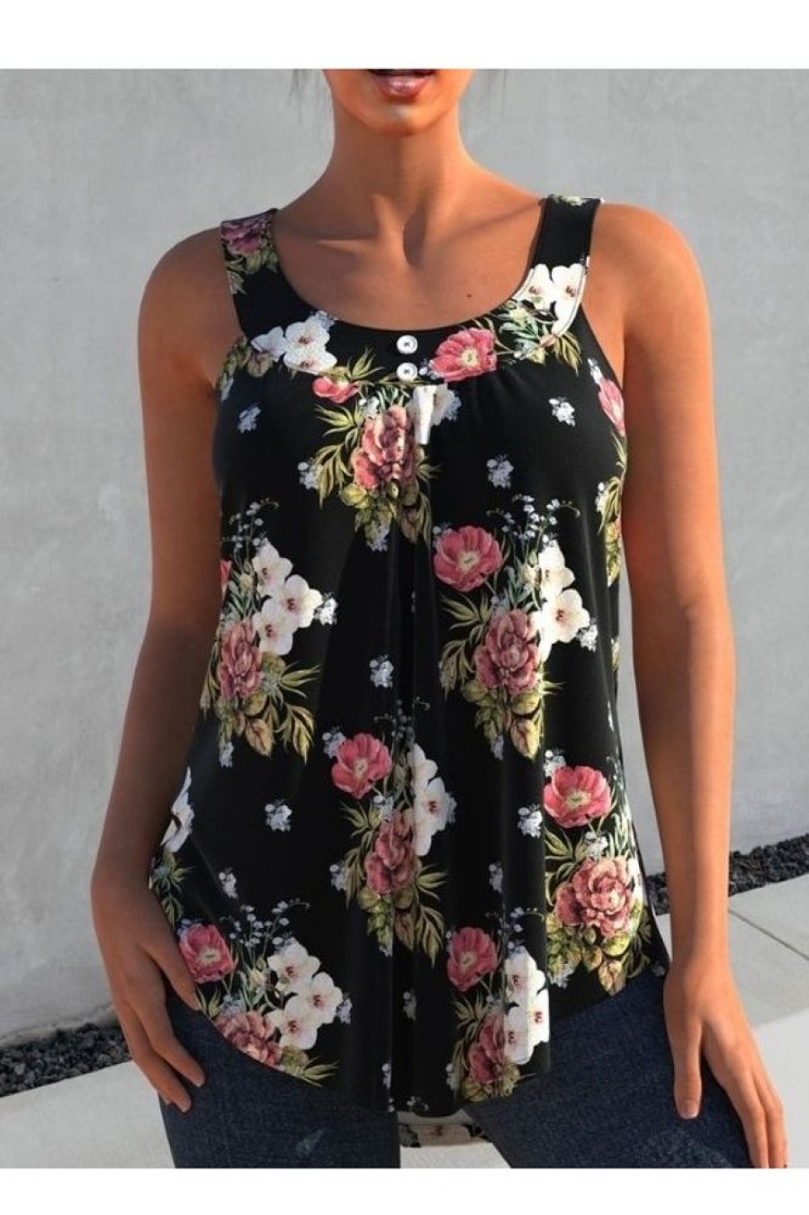 Clothing Azzlee Tanks | Floral Printed Wide Strap Tank Top Black