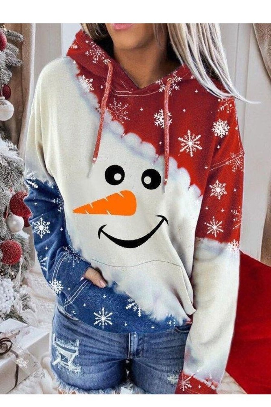 Clothing Azzlee Sweatshirt & Hoodies | Casual Graphic Tops Long Sleeve Snowman Smiley Printed Hoodies Orange