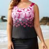 Clothing Azzlee Plus Size | Flower Plant Scoop Neckline Wide Straps Black Skirt Plus Size Tankini Set Fuchsia&Black