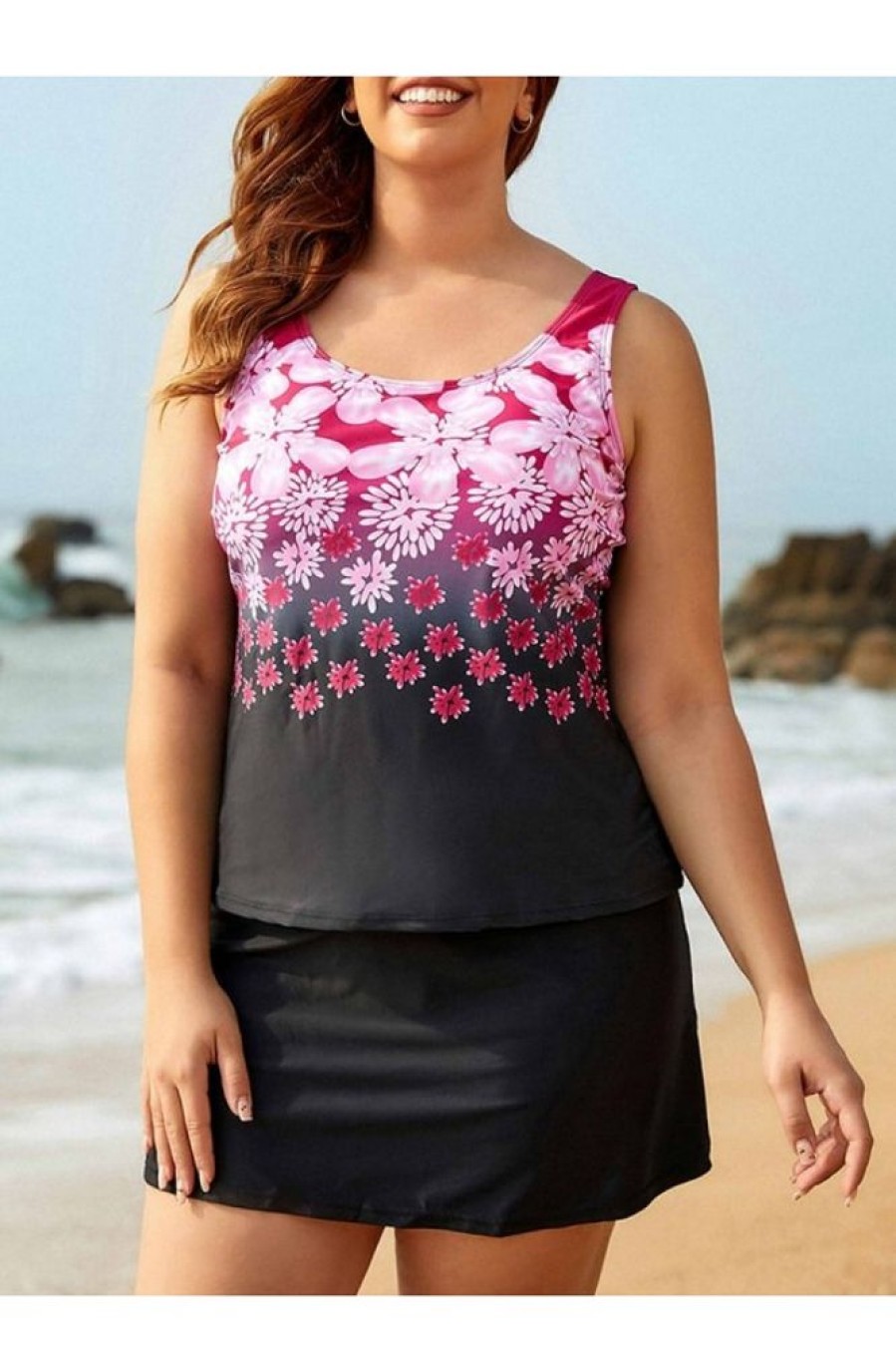 Clothing Azzlee Plus Size | Flower Plant Scoop Neckline Wide Straps Black Skirt Plus Size Tankini Set Fuchsia&Black