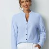 Clothing Azzlee Sweatshirt & Hoodies | Solid Buttons V-Neck Long Sleeve Blouse Blue