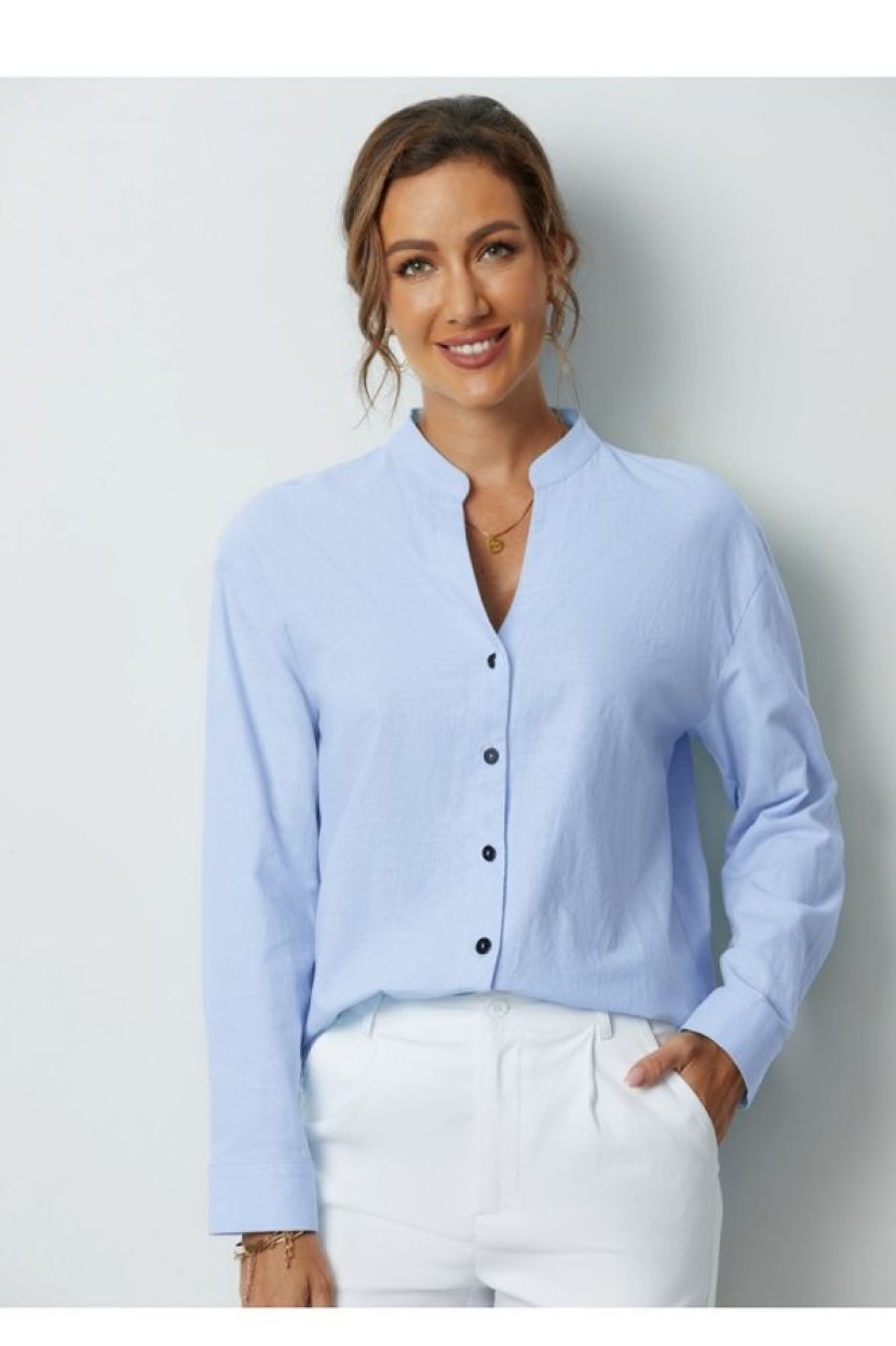 Clothing Azzlee Sweatshirt & Hoodies | Solid Buttons V-Neck Long Sleeve Blouse Blue