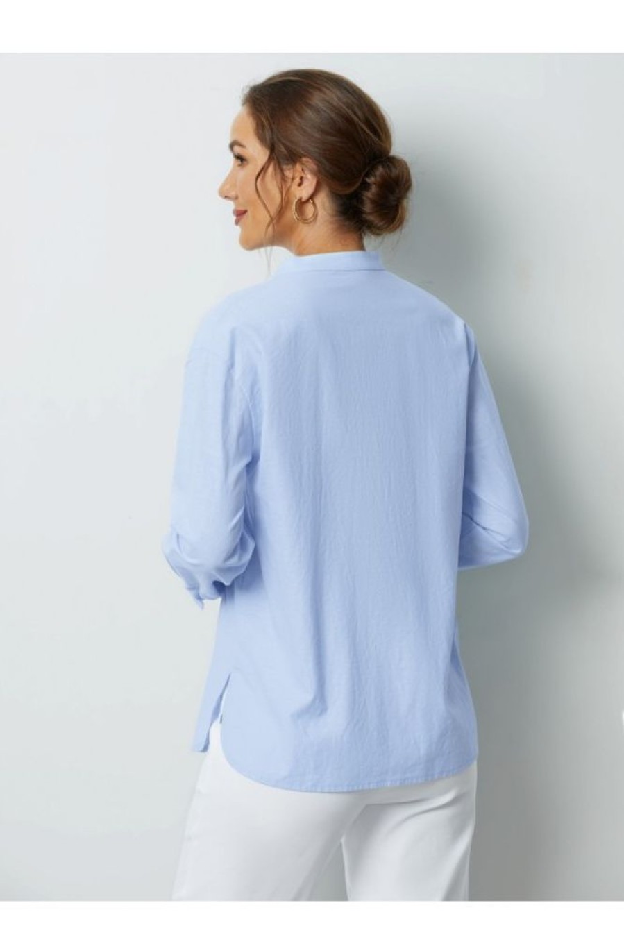 Clothing Azzlee Sweatshirt & Hoodies | Solid Buttons V-Neck Long Sleeve Blouse Blue