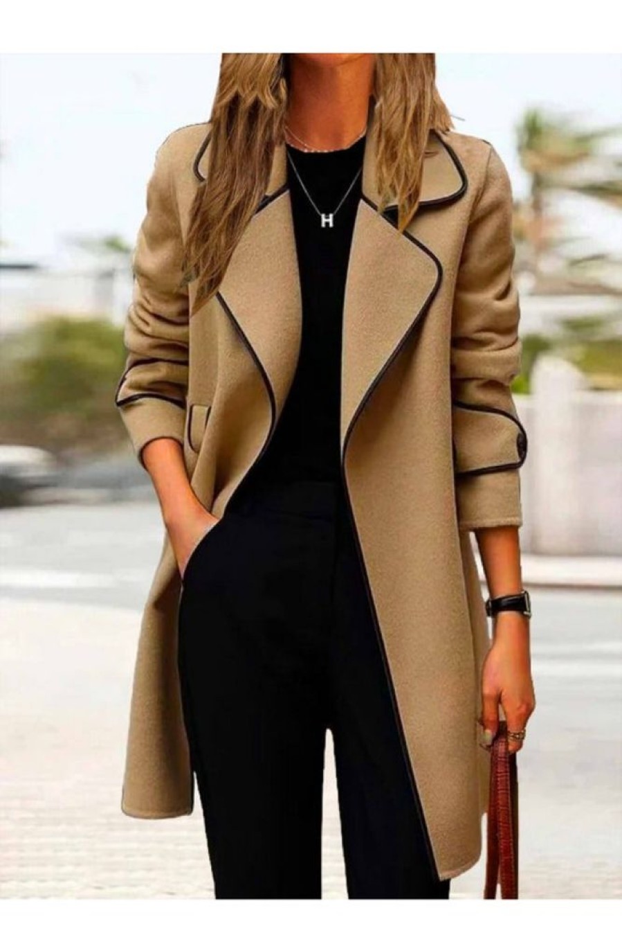 Clothing Azzlee Coats | Lapel Collar Loose Casual Coat Khaki