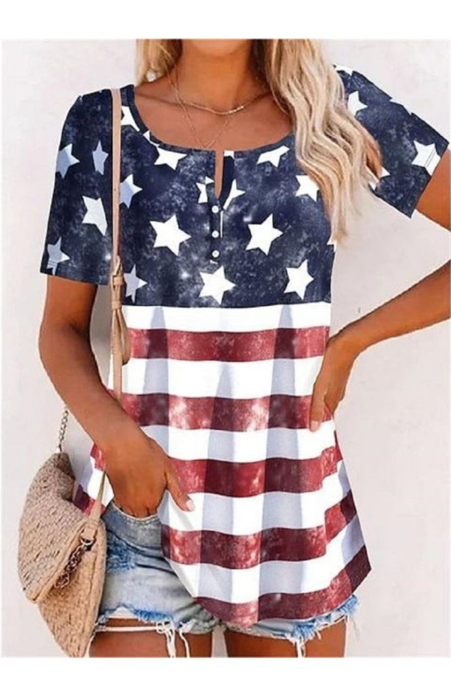 Clothing Azzlee Blouse & Shirts | Casual Round Neck Flag Printed Short Sleeve Blouse Navy Blue