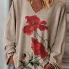 Clothing Azzlee Sweatshirt & Hoodies | Casual Graphic Tops V Neck Floral Printed Long Sleeve Blouse Light Khaki