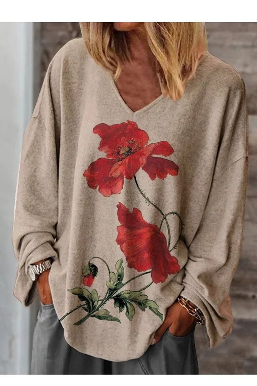 Clothing Azzlee Sweatshirt & Hoodies | Casual Graphic Tops V Neck Floral Printed Long Sleeve Blouse Light Khaki