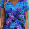 Clothing Azzlee Blouse & Shirts | Casual Graphic Tops V-Neck Short Sleeve Floral Printed Blouse Blue