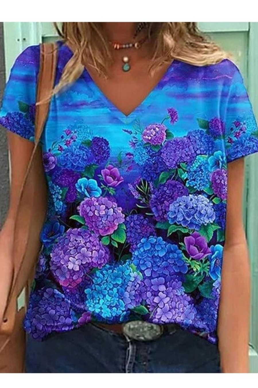 Clothing Azzlee Blouse & Shirts | Casual Graphic Tops V-Neck Short Sleeve Floral Printed Blouse Blue