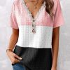 Clothing Azzlee Blouse & Shirts | Casual V Neck Color Block Short Sleeve Blouse Pink