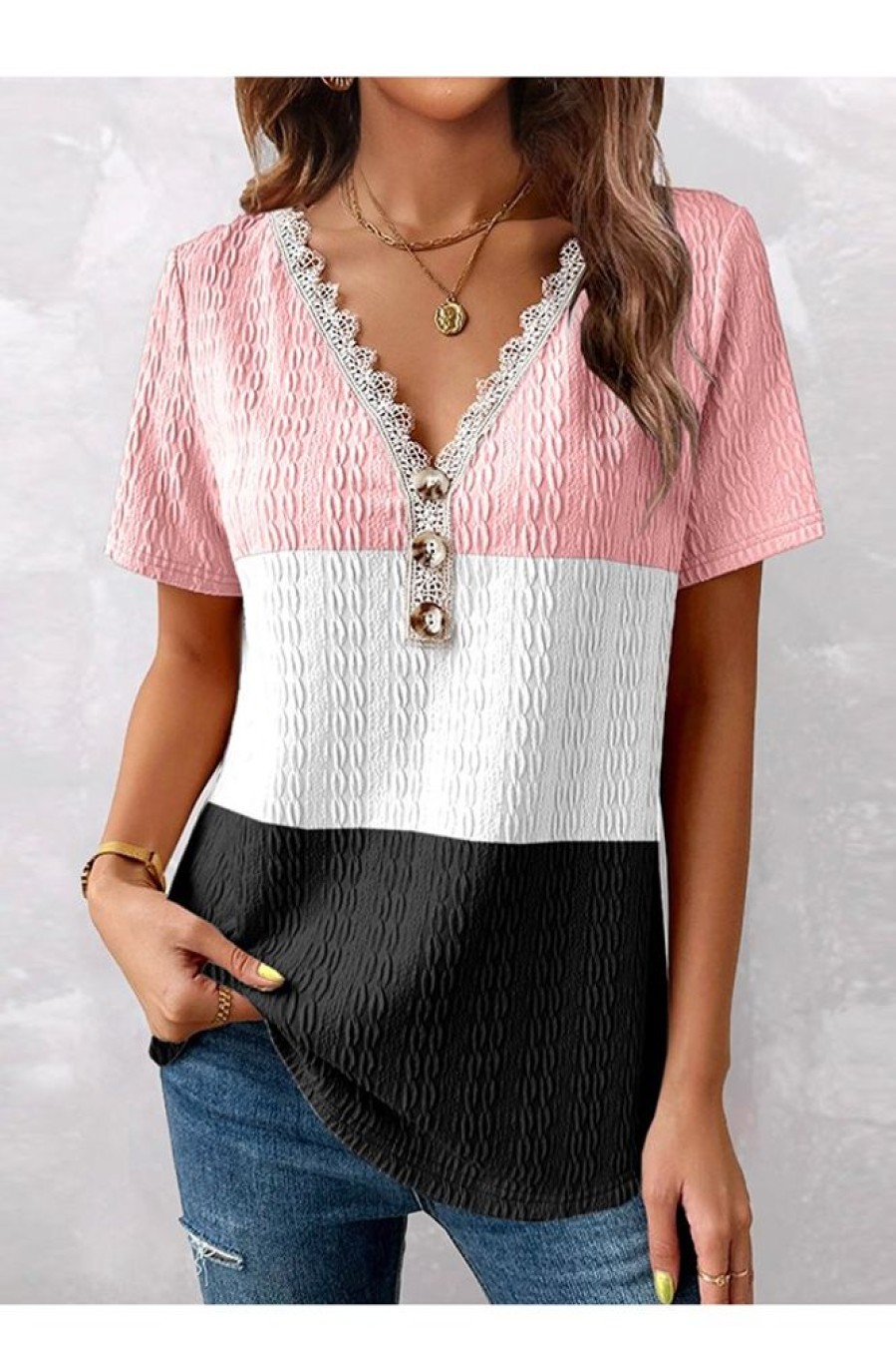 Clothing Azzlee Blouse & Shirts | Casual V Neck Color Block Short Sleeve Blouse Pink