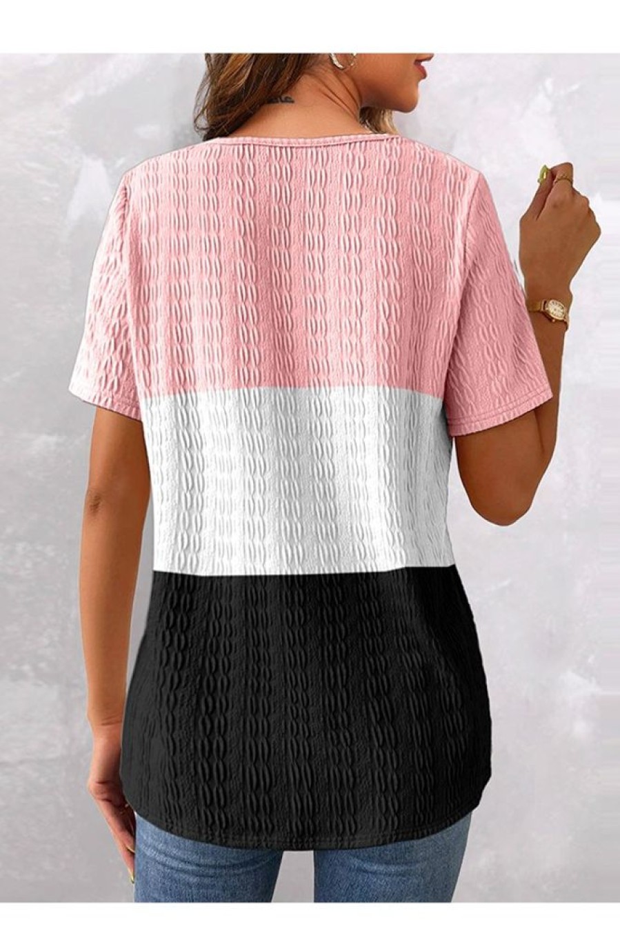 Clothing Azzlee Blouse & Shirts | Casual V Neck Color Block Short Sleeve Blouse Pink