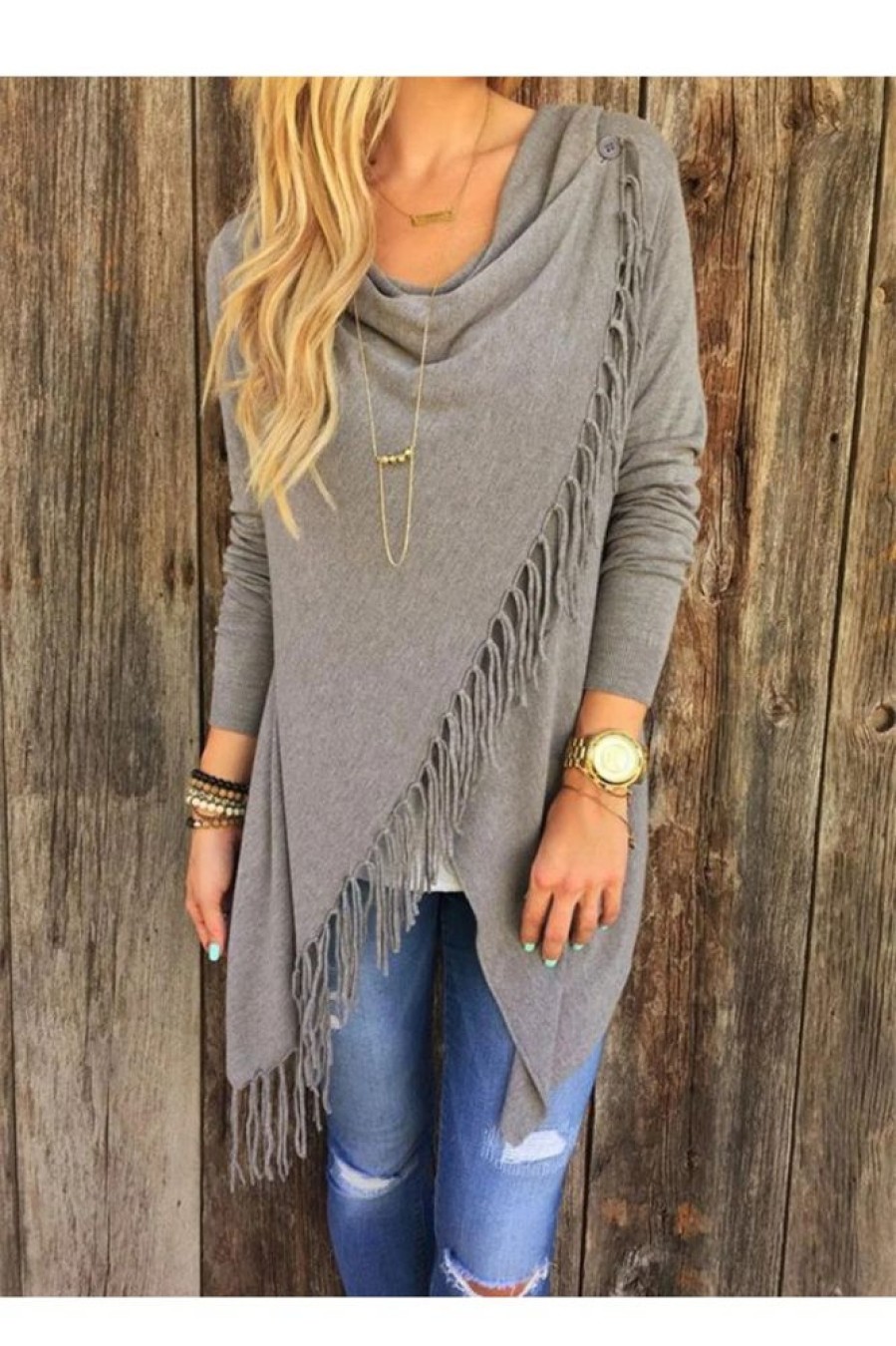 Clothing Azzlee Sweater & Cardigans | Casual Round Neck Solid Long Sleeve Sweaters Gray