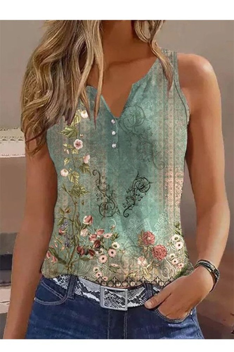 Clothing Azzlee Tanks | Casual V Neck Floral Printed Sleeveless Tank Multicolor