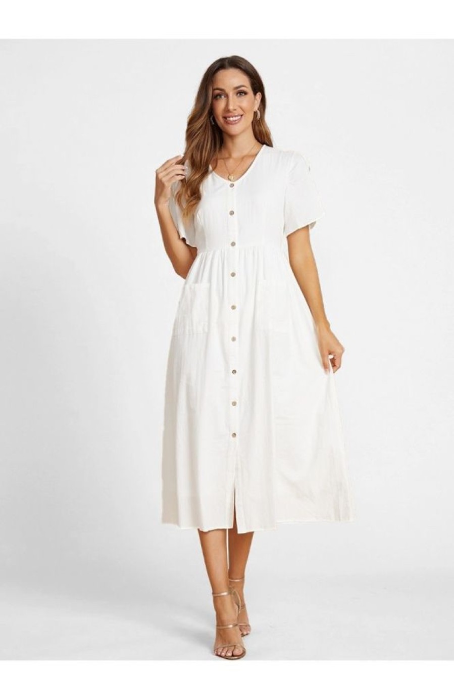 Clothing Azzlee Maxi Dresses | Solid Buttons V-Neck Short Sleeve Maxi Dress White