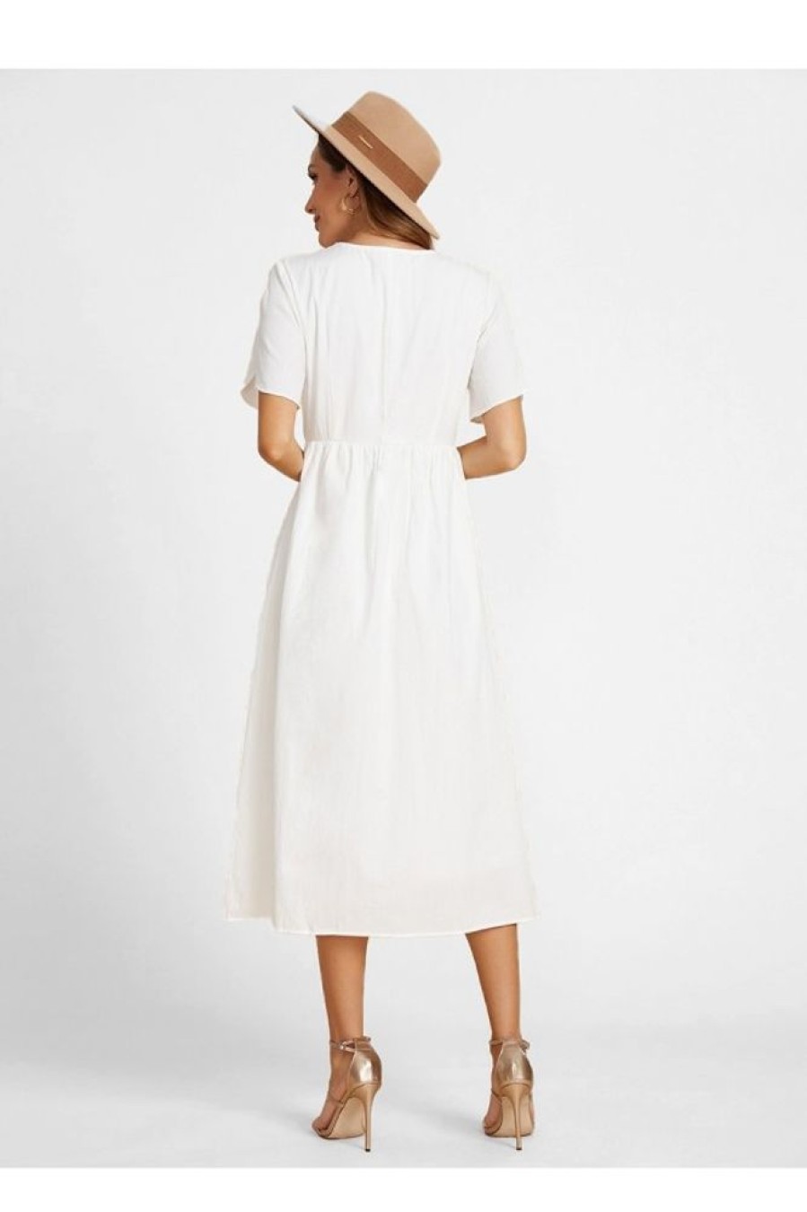 Clothing Azzlee Maxi Dresses | Solid Buttons V-Neck Short Sleeve Maxi Dress White