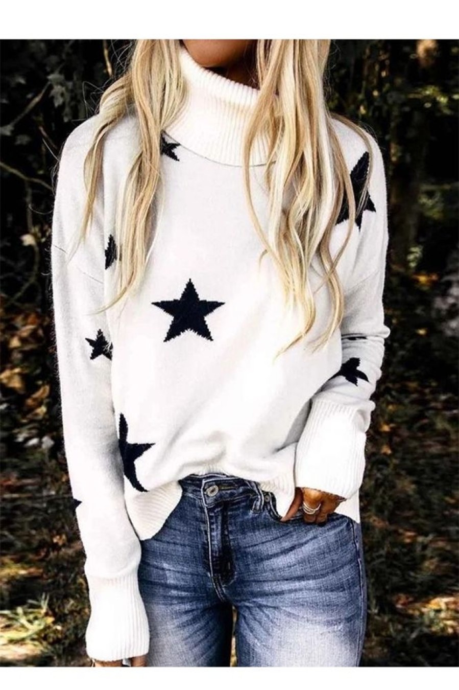 Clothing Azzlee Sweater & Cardigans | Casual Graphic Tops High Neck Long Sleeve Stars Printed Sweaters White