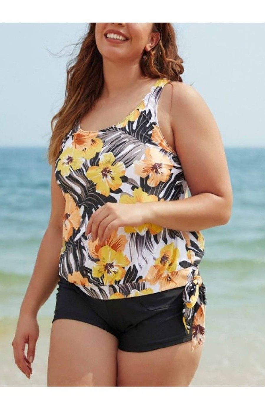 Clothing Azzlee Plus Size | Floral Printed Tie Blouson Tankini Set Multi