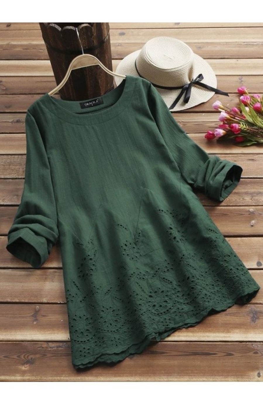 Clothing Azzlee Sweatshirt & Hoodies | O-Neck Solid Embroidery Casual Vintage Long Sleeve Blouse Dark Green