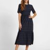 Clothing Azzlee Maxi Dresses | Plaid Pockets Round Neck Short Sleeve Maxi Dress Navy