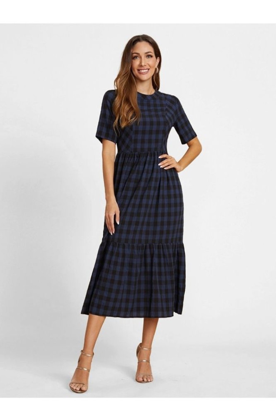 Clothing Azzlee Maxi Dresses | Plaid Pockets Round Neck Short Sleeve Maxi Dress Navy