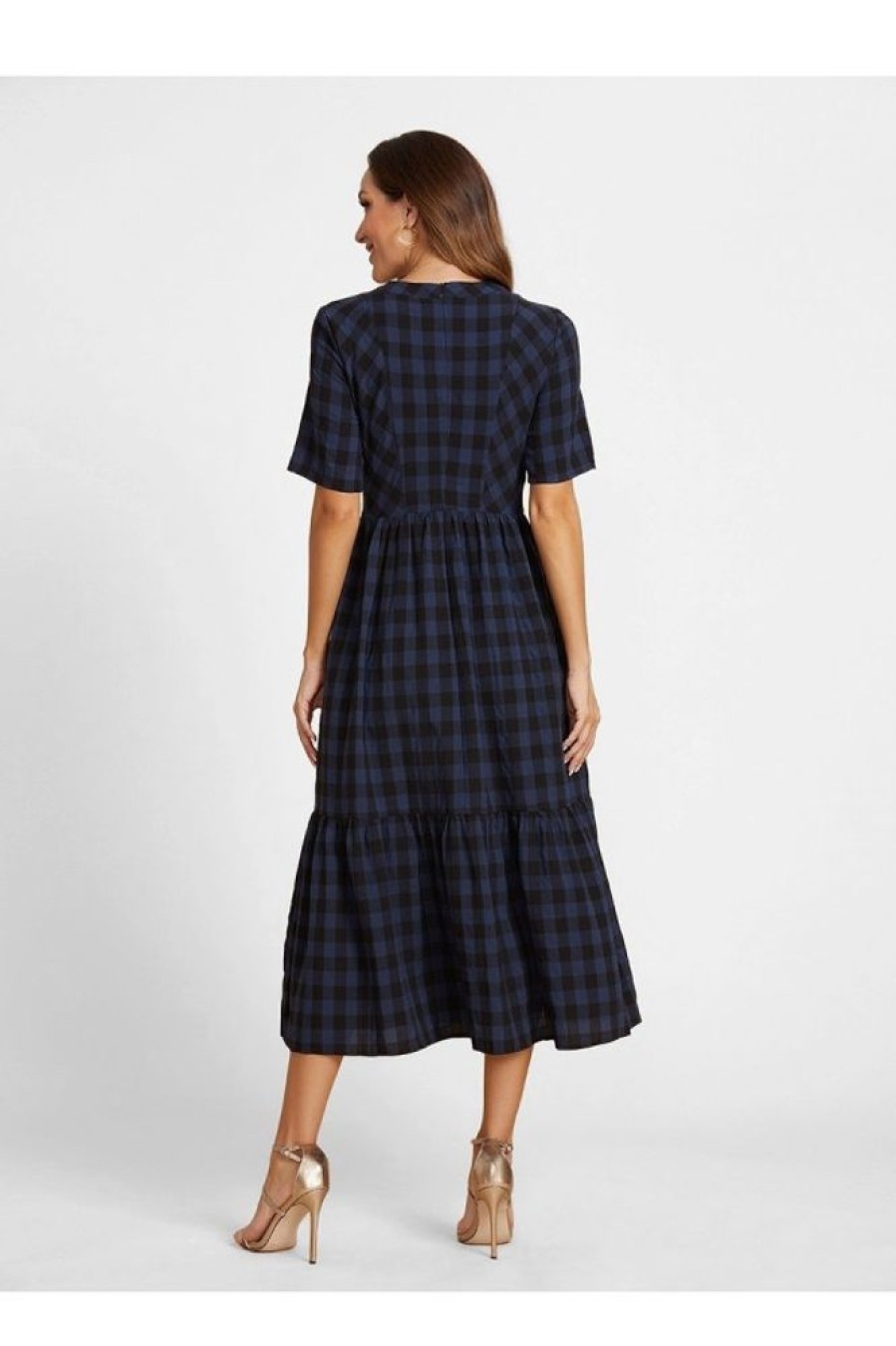 Clothing Azzlee Maxi Dresses | Plaid Pockets Round Neck Short Sleeve Maxi Dress Navy