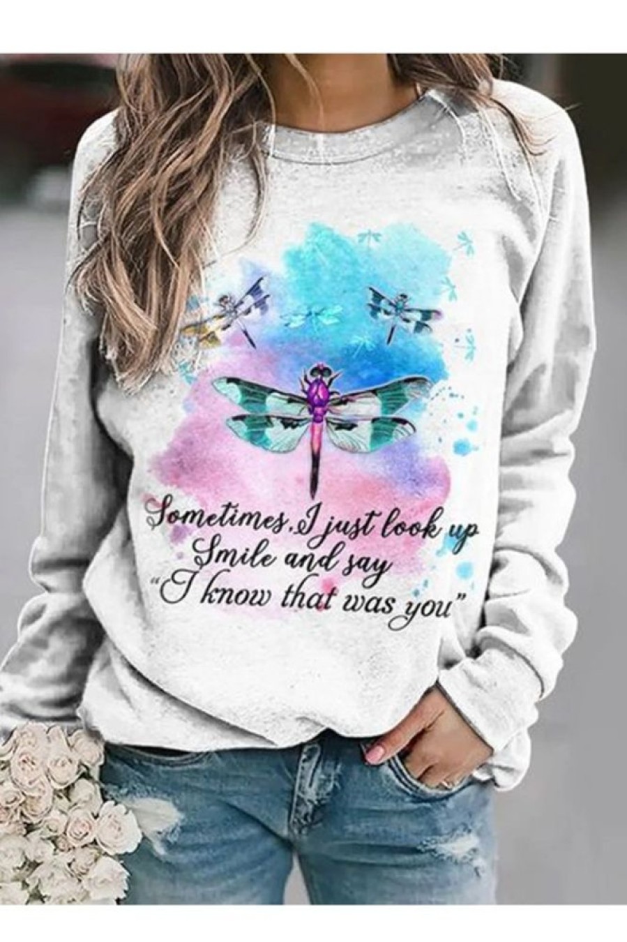 Clothing Azzlee Sweatshirt & Hoodies | Casual Graphic Tops Round Neck Dragonfly Printed Long Sleeve Sweatshirts White