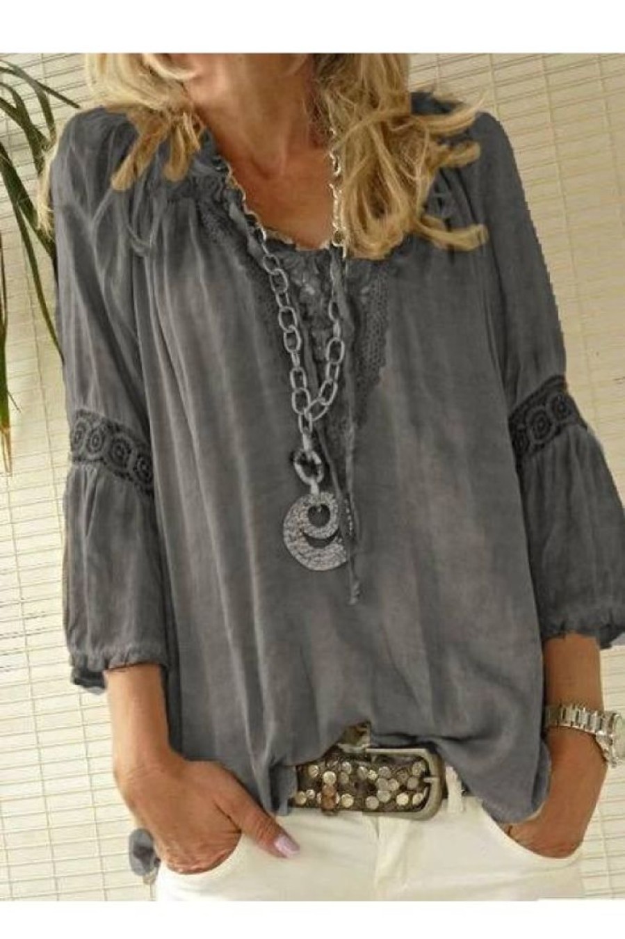 Clothing Azzlee Blouse & Shirts | V-Neck Plain Appliques Casual 3/4 Sleeve Blouse